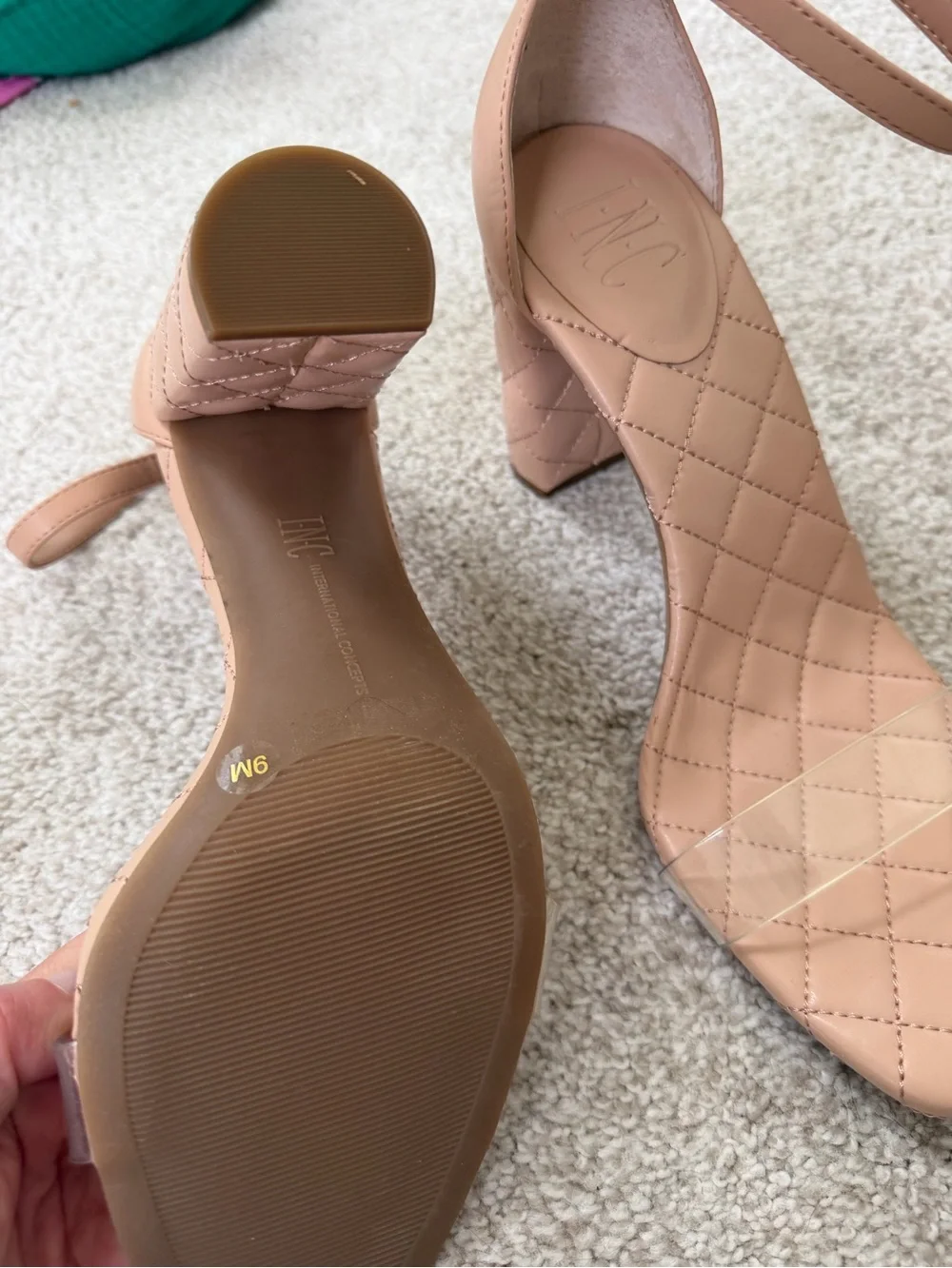 INC International Concepts Nude Quilted Block Heels with Clear Toe Strap